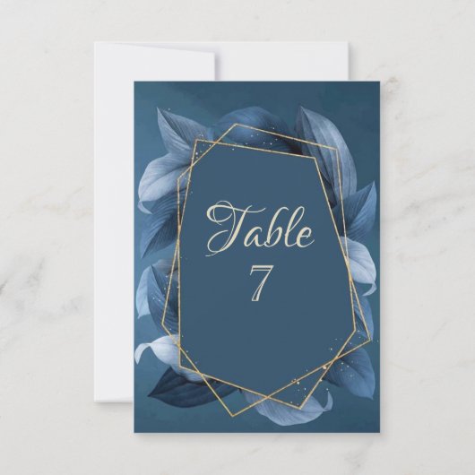 Blue Blätter Gold Frame Wedding Einladung (Rückseite)