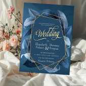 Blue Blätter Gold Frame Wedding Einladung
