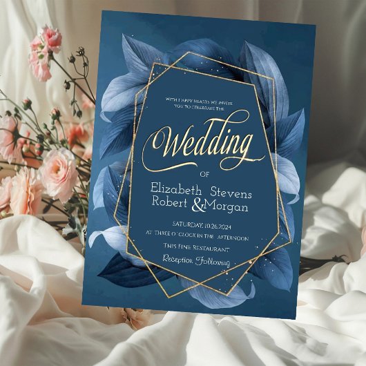 Blue Blätter Gold Frame Wedding Einladung