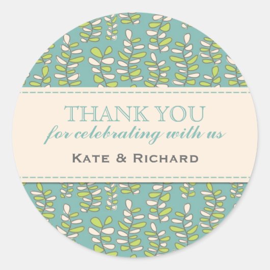 Blue Blätter Pattern Wedding Danke Stickers (Vorderseite)