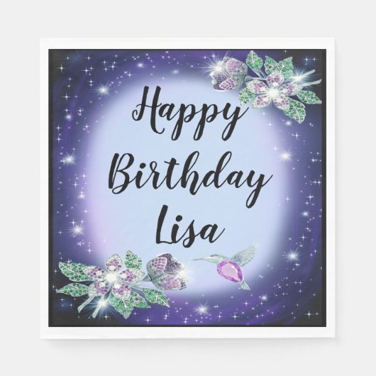 Blue Bling Floral Bird Geburtstag Serviette (Vorderseite)