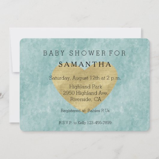 Blue Bliss Gold Heart Babydusche Einladung (Vorderseite)