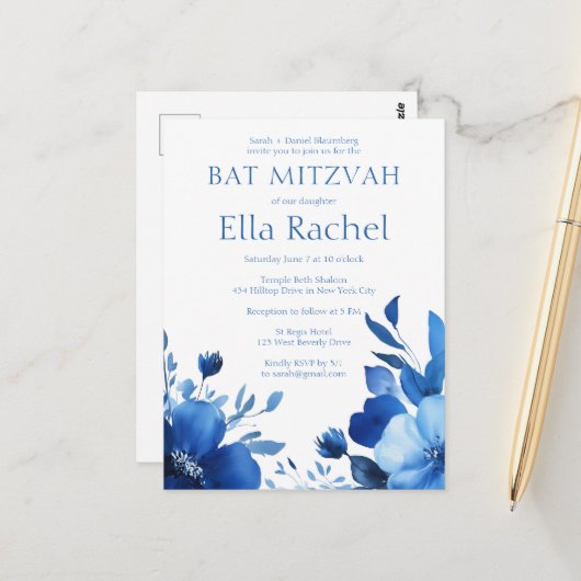 Blue Blooms Watercolor BAT MITZVAH CUSTOM Postkarte (Vorderseite/Rückseite Beispiel)
