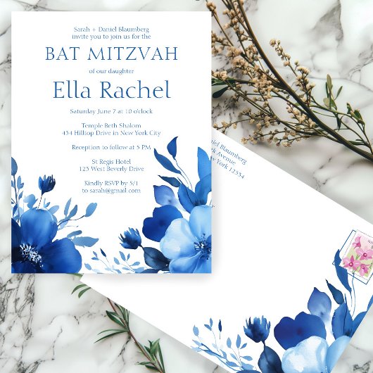 Blue Blooms Watercolor BAT MITZVAH CUSTOM Postkarte