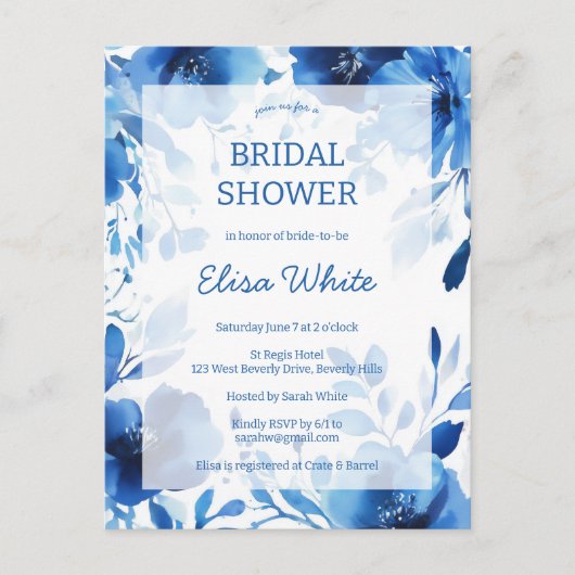 Blue Blooms Watercolor Brautparty CUSTOM Postkarte (Vorderseite)