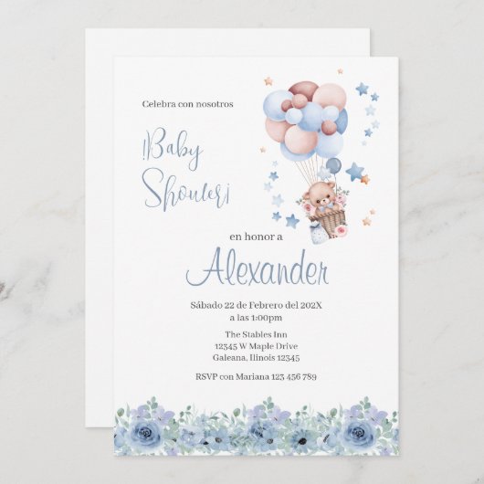 Blue Bloral Spanish Baby Shower Boy Einladung (Vorne/Hinten)