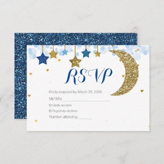 Blue Blue Gold Moon Baby Showkarte RSVP Dankeskarte (Vorne/Hinten)