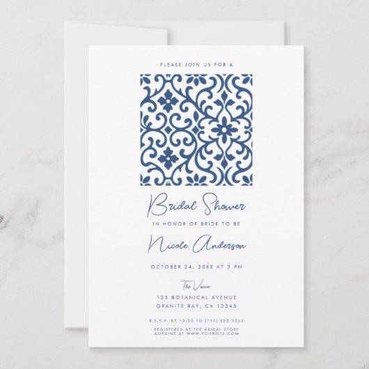 Blue Blüh Baroque Old World Brautparty Einladung (Vorderseite)