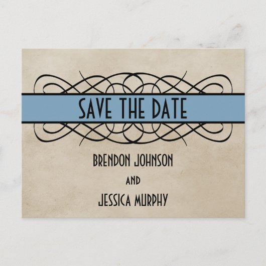 Blue Blüh Border Save the Date Postkarte (Vorderseite)