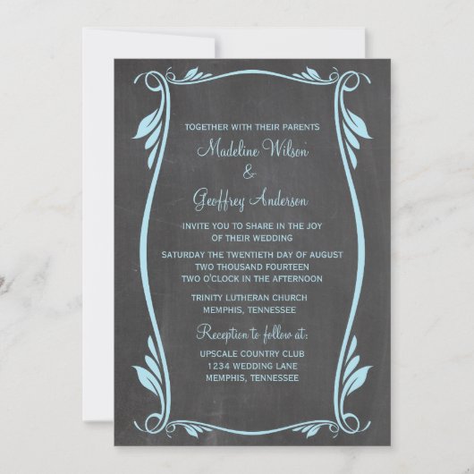 Blue Blüh Chalkboard Wedding Einladung (Vorderseite)