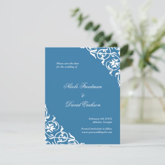 Blue blüh Klassische Scroll Hochzeit speichern Sie Save The Date (Stehend Vorderseite)