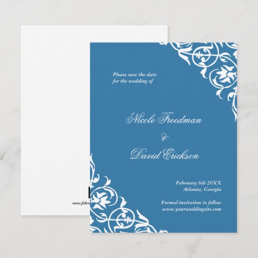 Blue blüh Klassische Scroll Hochzeit speichern Sie Save The Date (Vorne/Hinten)
