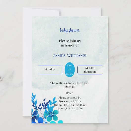 Blue Blume Baby Dusche Personalisiert Einladung (Vorderseite)