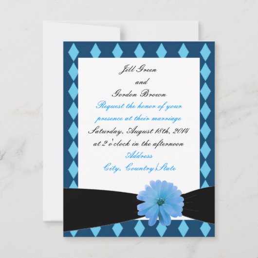 Blue Blume Black Ribbon Wedding Einladung (Vorderseite)