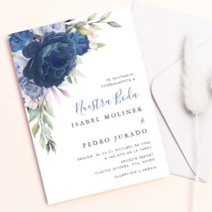 Blue Blume Bouquet Nuestra Boda Spanish Wedding Einladung