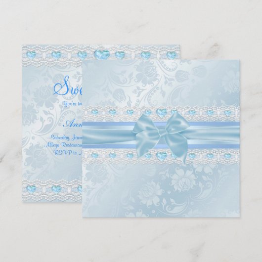 Blue Blume & Bow Sweet 16 Einladung (Vorne/Hinten)