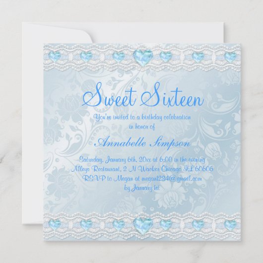 Blue Blume & Bow Sweet 16 Einladung (Rückseite)