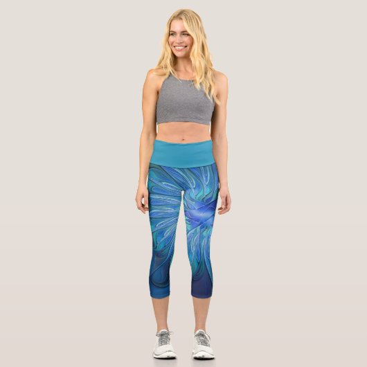 Blue Blume Fantasy Pattern, Abstraktes Fraktal Art Capri Leggings (Vorderseite)