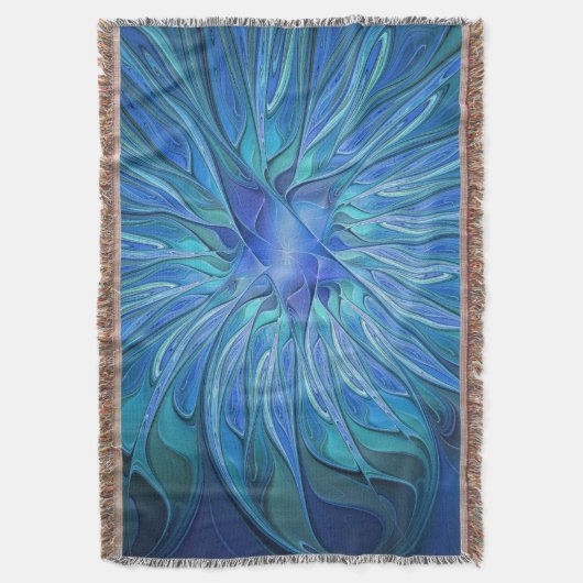 Blue Blume Fantasy Pattern, Abstraktes Fraktal Art Decke (Vorderseite Vertikal)