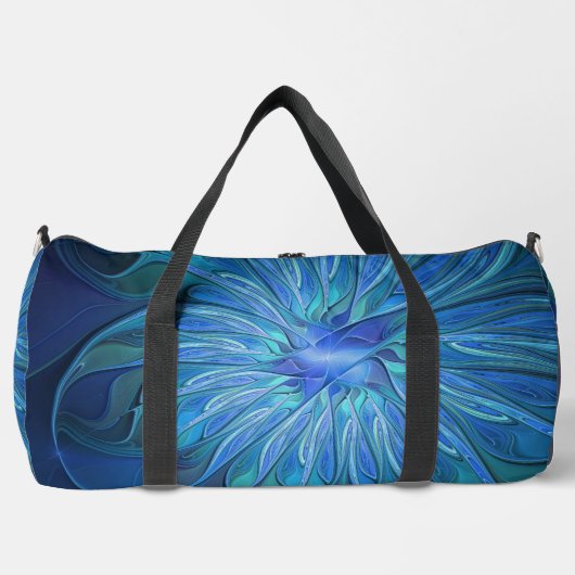 Blue Blume Fantasy Pattern, Abstraktes Fraktal Art Duffle Bag (Vorderseite)