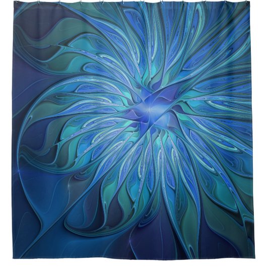 Blue Blume Fantasy Pattern, Abstraktes Fraktal Art Duschvorhang (Vorderseite)