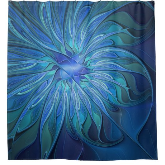 Blue Blume Fantasy Pattern, Abstraktes Fraktal Art Duschvorhang (Vorderseite)