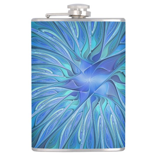 Blue Blume Fantasy Pattern, Abstraktes Fraktal Art Flachmann (Vorderseite)