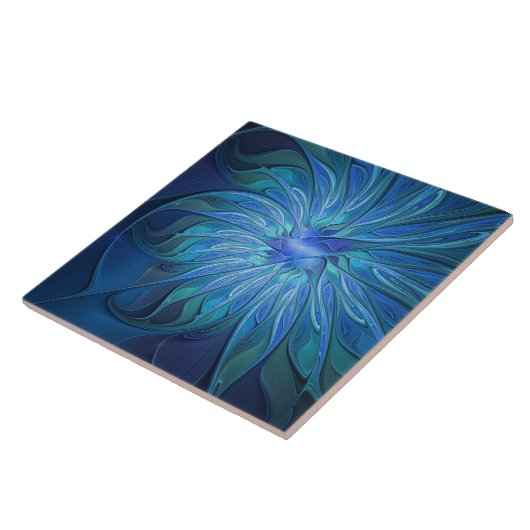 Blue Blume Fantasy Pattern, Abstraktes Fraktal Art Fliese (Seite)