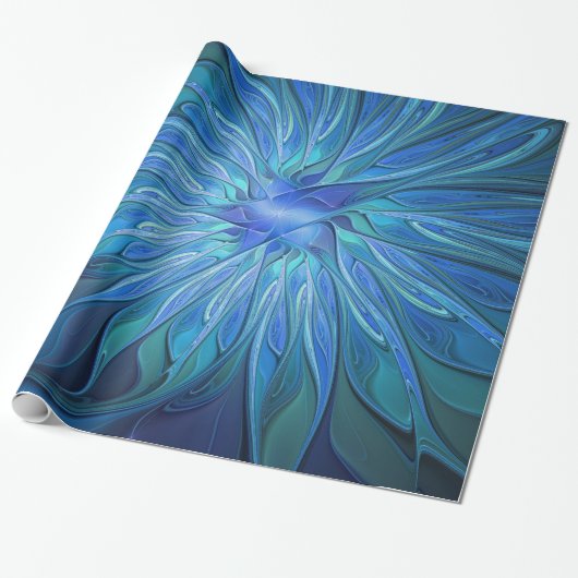 Blue Blume Fantasy Pattern, Abstraktes Fraktal Art Geschenkpapier (Ungerollt)