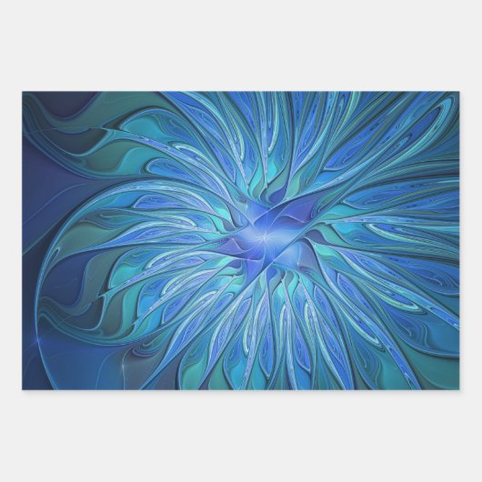 Blue Blume Fantasy Pattern, Abstraktes Fraktal Art Geschenkpapier Set (Vorderseite 3)