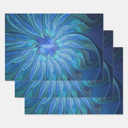 Blue Blume Fantasy Pattern, Abstraktes Fraktal Art Geschenkpapier Set (Set)