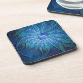 Blue Blume Fantasy Pattern, Abstraktes Fraktal Art Getränkeuntersetzer (Linke Seite)