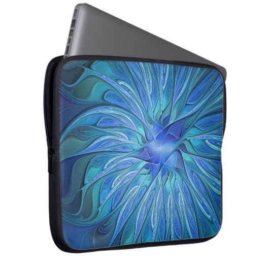 Blue Blume Fantasy Pattern, Abstraktes Fraktal Art Laptopschutzhülle (Vorne Rechts)