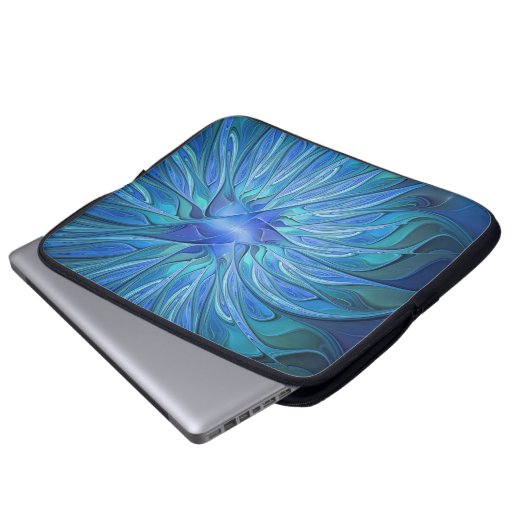 Blue Blume Fantasy Pattern, Abstraktes Fraktal Art Laptopschutzhülle (Vorne Knopf)