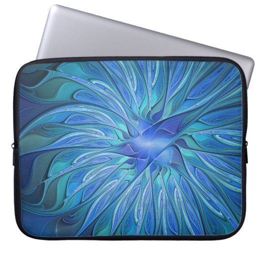 Blue Blume Fantasy Pattern, Abstraktes Fraktal Art Laptopschutzhülle (Vorderseite)