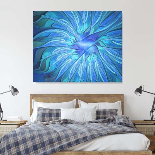 Blue Blume Fantasy Pattern, Abstraktes Fraktal Art Leinwanddruck (Insitu (Schlafzimmer))