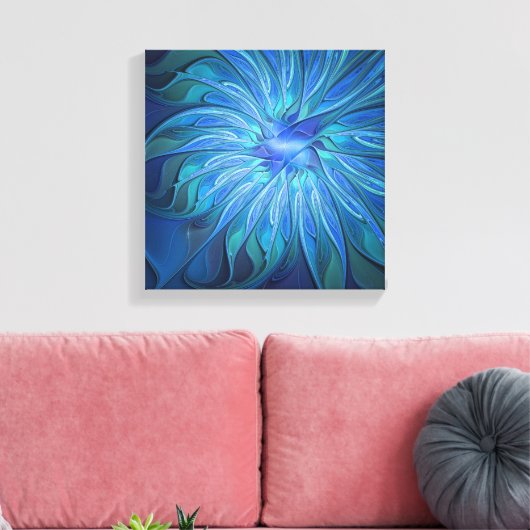 Blue Blume Fantasy Pattern, Abstraktes Fraktal Art Leinwanddruck (Insitu (Wohnzimmer))
