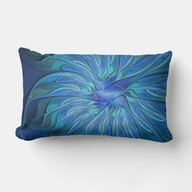 Blue Blume Fantasy Pattern, Abstraktes Fraktal Art Lendenkissen (Vorderseite)