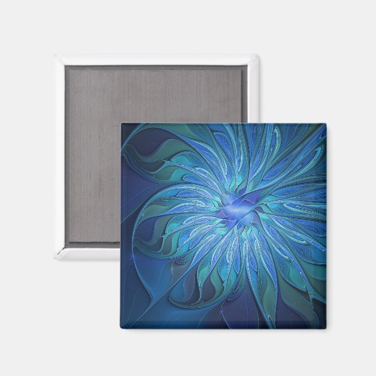 Blue Blume Fantasy Pattern, Abstraktes Fraktal Art Magnet (Vorderseite/Rückseite)