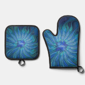 Blue Blume Fantasy Pattern, Abstraktes Fraktal Art Ofenhandschuh & Topflappen-Set (Vorderseite)