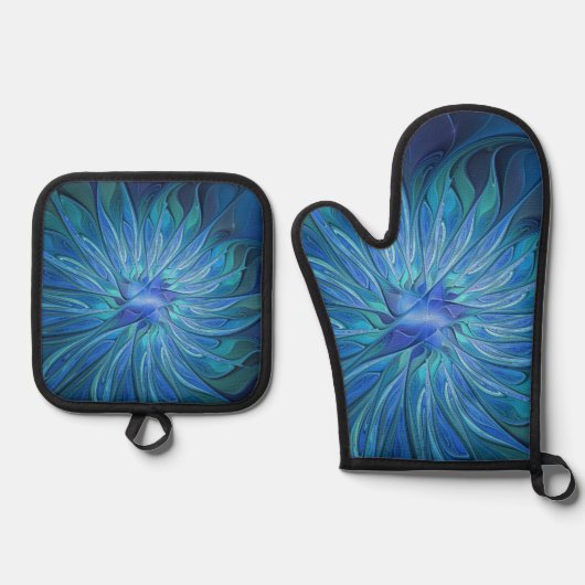 Blue Blume Fantasy Pattern, Abstraktes Fraktal Art Ofenhandschuh & Topflappen-Set (Vorderseite)