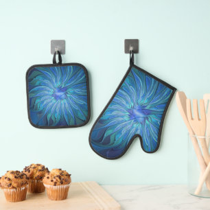 Blue Blume Fantasy Pattern, Abstraktes Fraktal Art Ofenhandschuh & Topflappen-Set