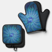 Blue Blume Fantasy Pattern, Abstraktes Fraktal Art Ofenhandschuh & Topflappen-Set (Vorderseite/Rückseite)