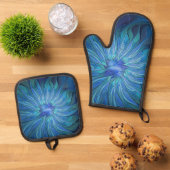 Blue Blume Fantasy Pattern, Abstraktes Fraktal Art Ofenhandschuh & Topflappen-Set (Oben Unten)