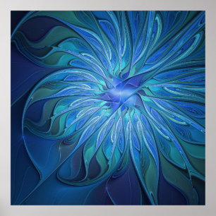 Blue Blume Fantasy Pattern, Abstraktes Fraktal Art Poster