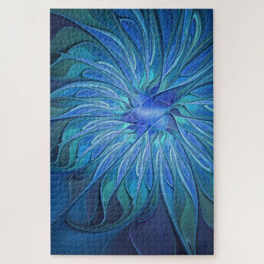 Blue Blume Fantasy Pattern, Abstraktes Fraktal Art Puzzle (Vertikal)