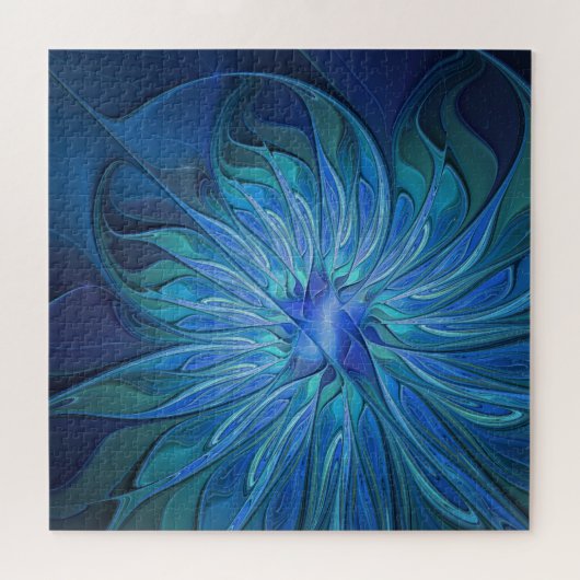 Blue Blume Fantasy Pattern, Abstraktes Fraktal Art Puzzle (Horizontal)