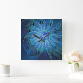 Blue Blume Fantasy Pattern, Abstraktes Fraktal Art Quadratische Wanduhr (Zuhause)