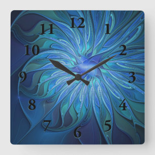 Blue Blume Fantasy Pattern, Abstraktes Fraktal Art Quadratische Wanduhr