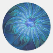 Blue Blume Fantasy Pattern, Abstraktes Fraktal Art Runder Aufkleber (Vorderseite)